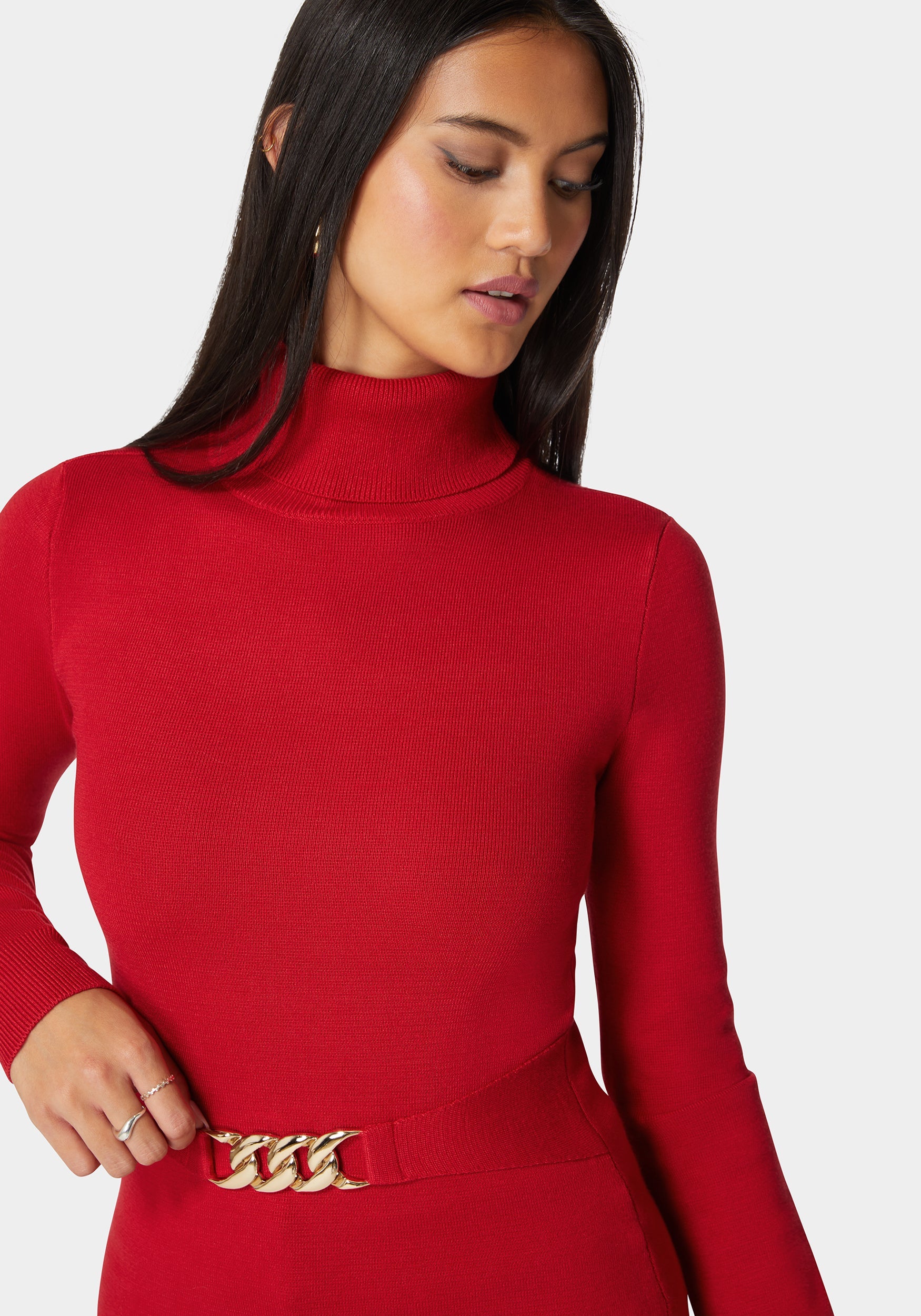 Fitted Turtle Neck Ornate Belt Sweater