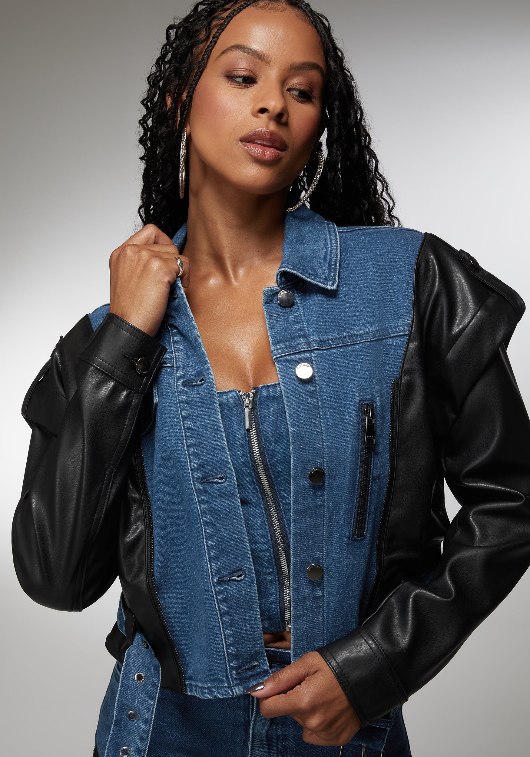 Vegan Leather Combo Denim Moto Jacket