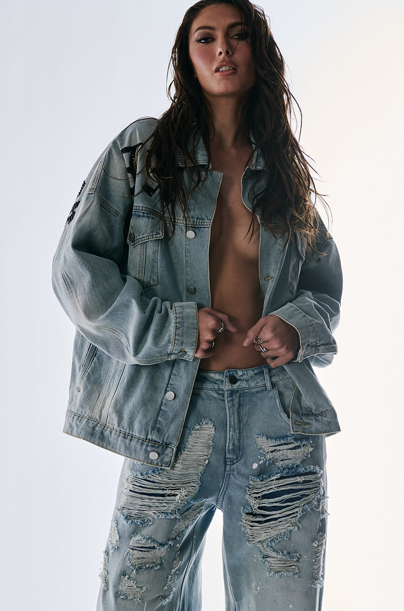 HOT FIX EMBELLISHED OVERSIZED DENIM JACKET