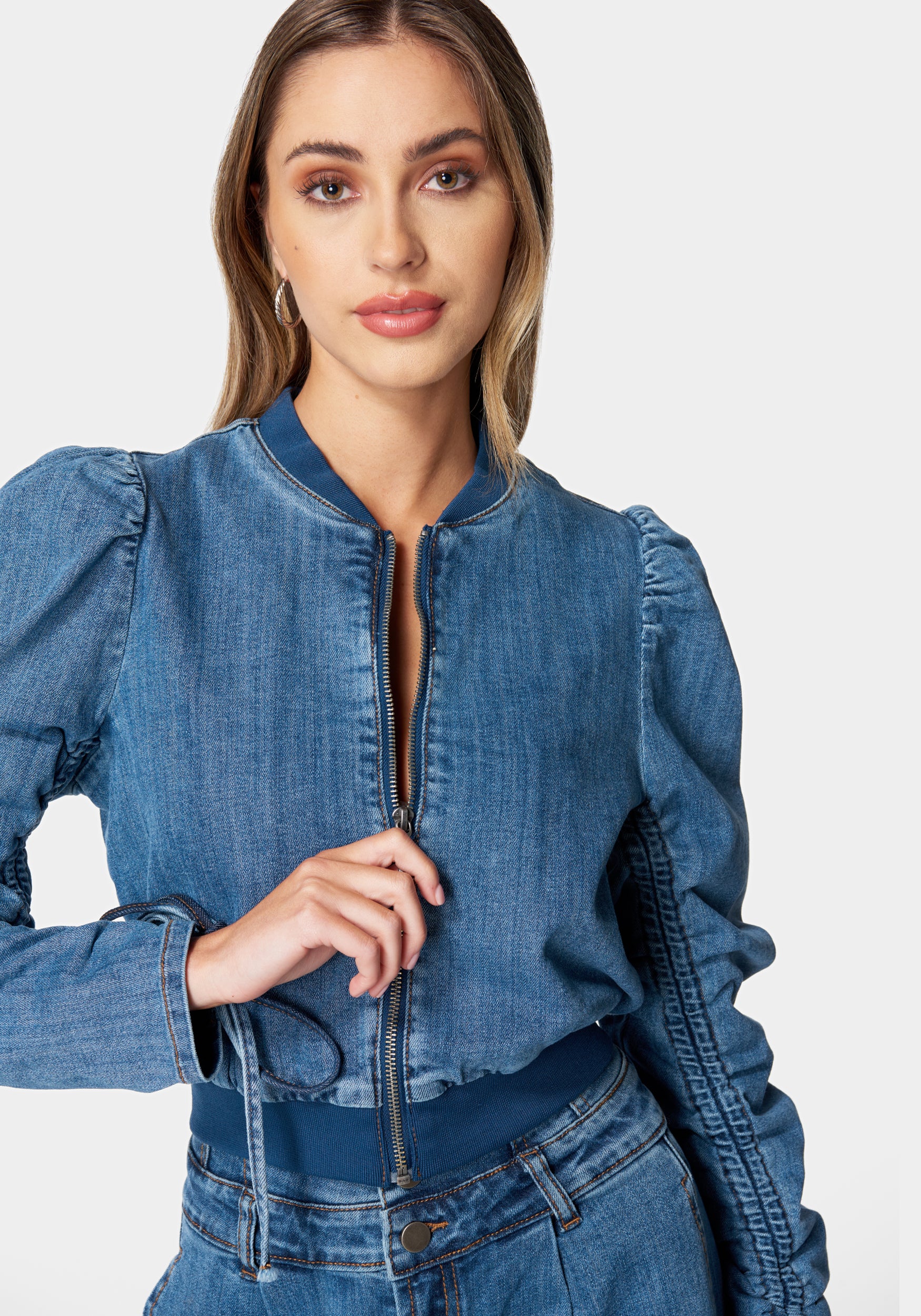 Zip Front Ruched Sleeves Denim Jacket