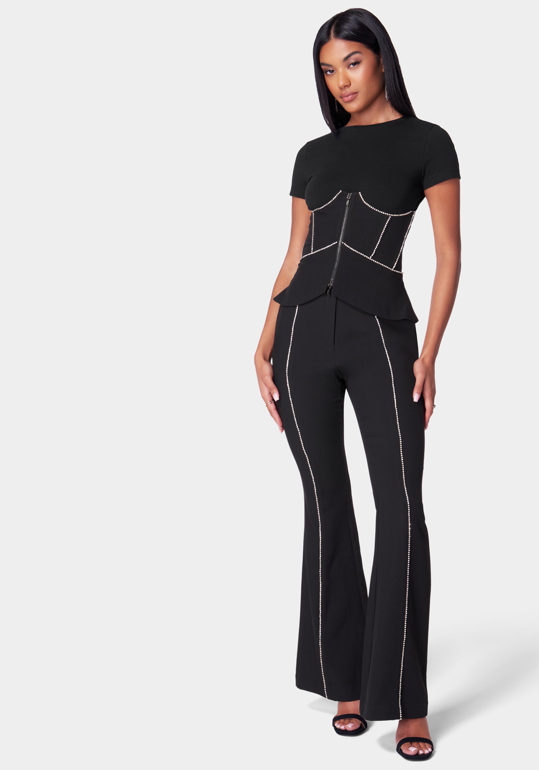 High Waist Rhinestone Detail Flared Pant