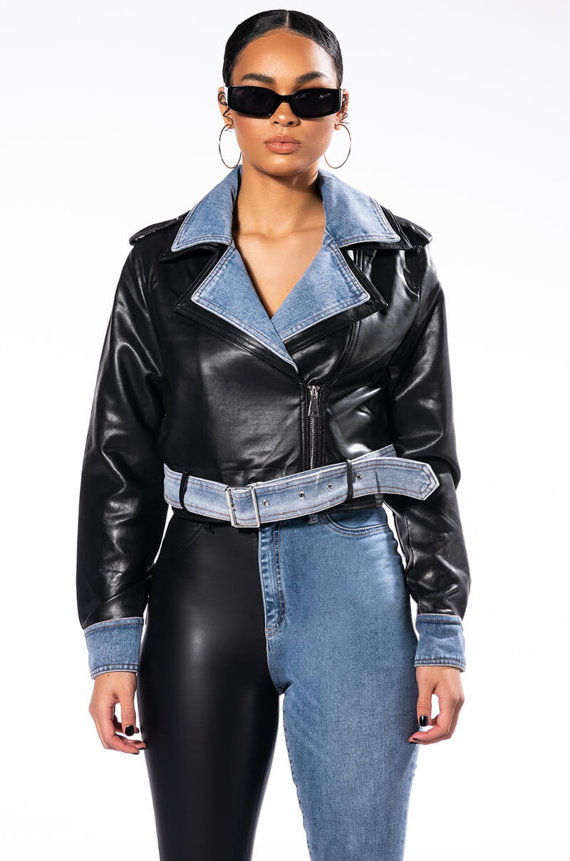 DOUBLE TROUBLE DENIM MOTO JACKET