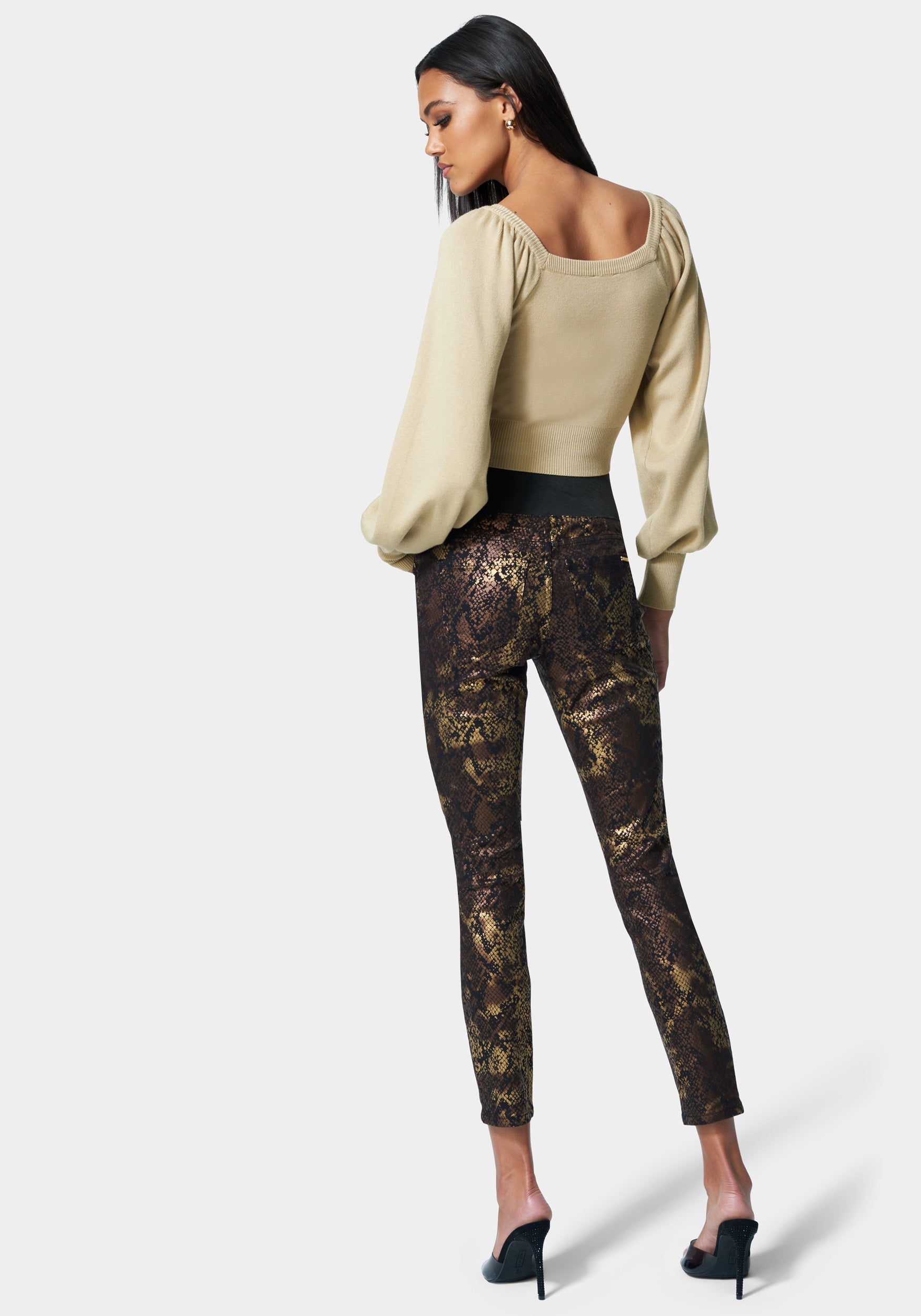 Foiled Print Zip Front Elastic Skinny Jean