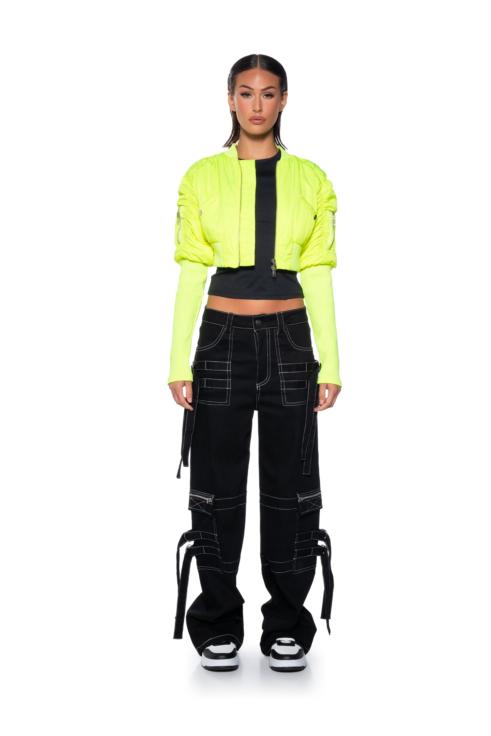 BABBS SKINNY ARM BOMBER JACKET IN NEON YELLOW