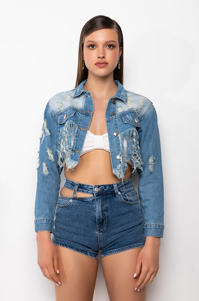 LIFE IS GOOD DISTRESSED CROP DENIM JACKET