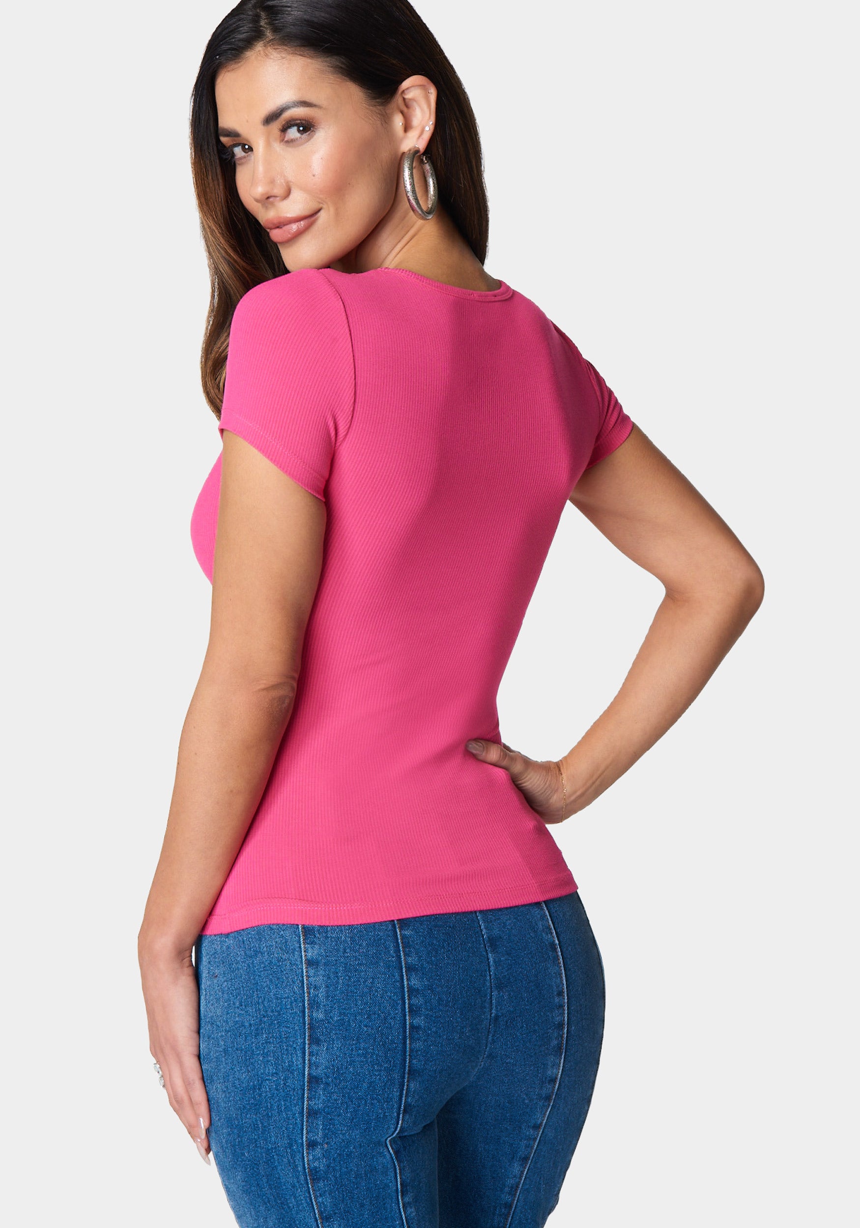 Bebe Logo Short Sleeve Round Neck Rib Top