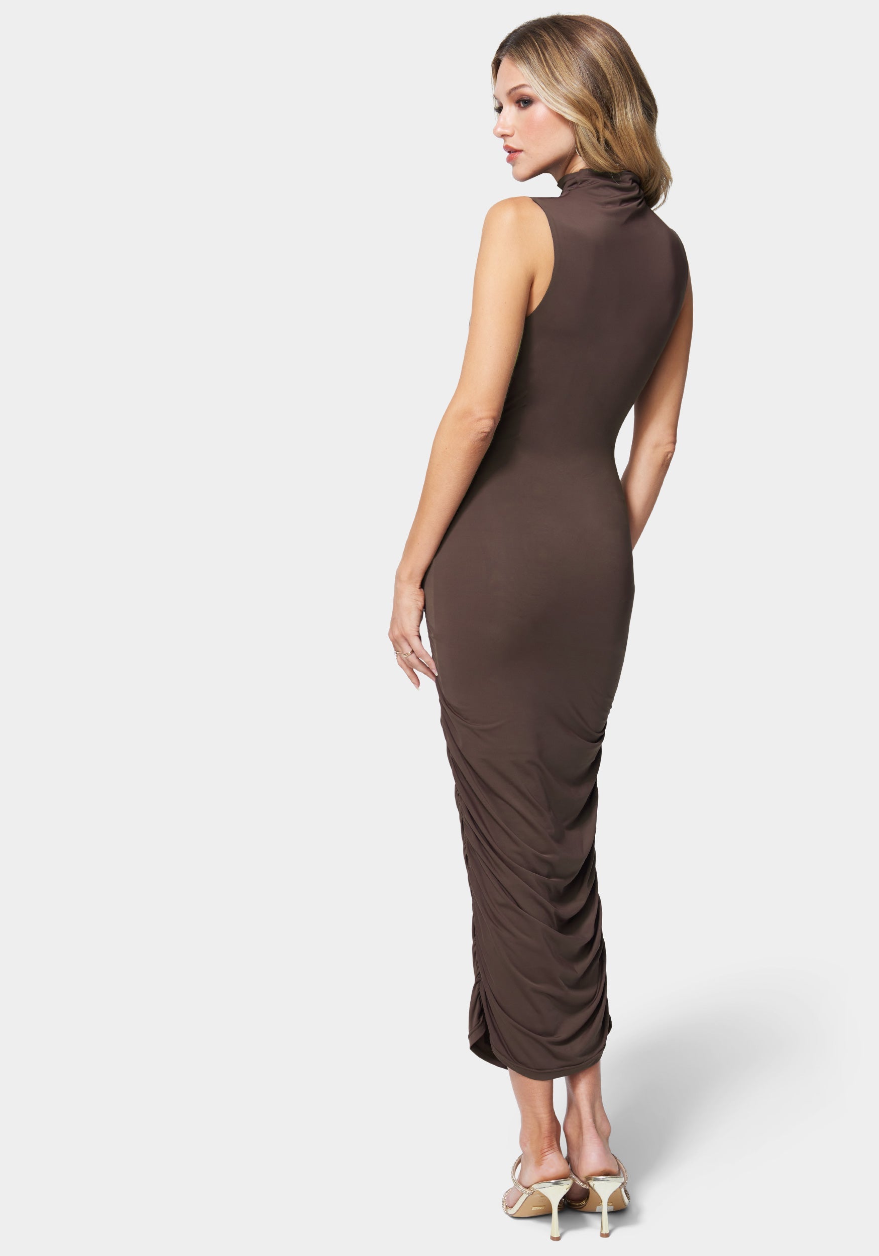 Mock Neck Shirred Midi Dress