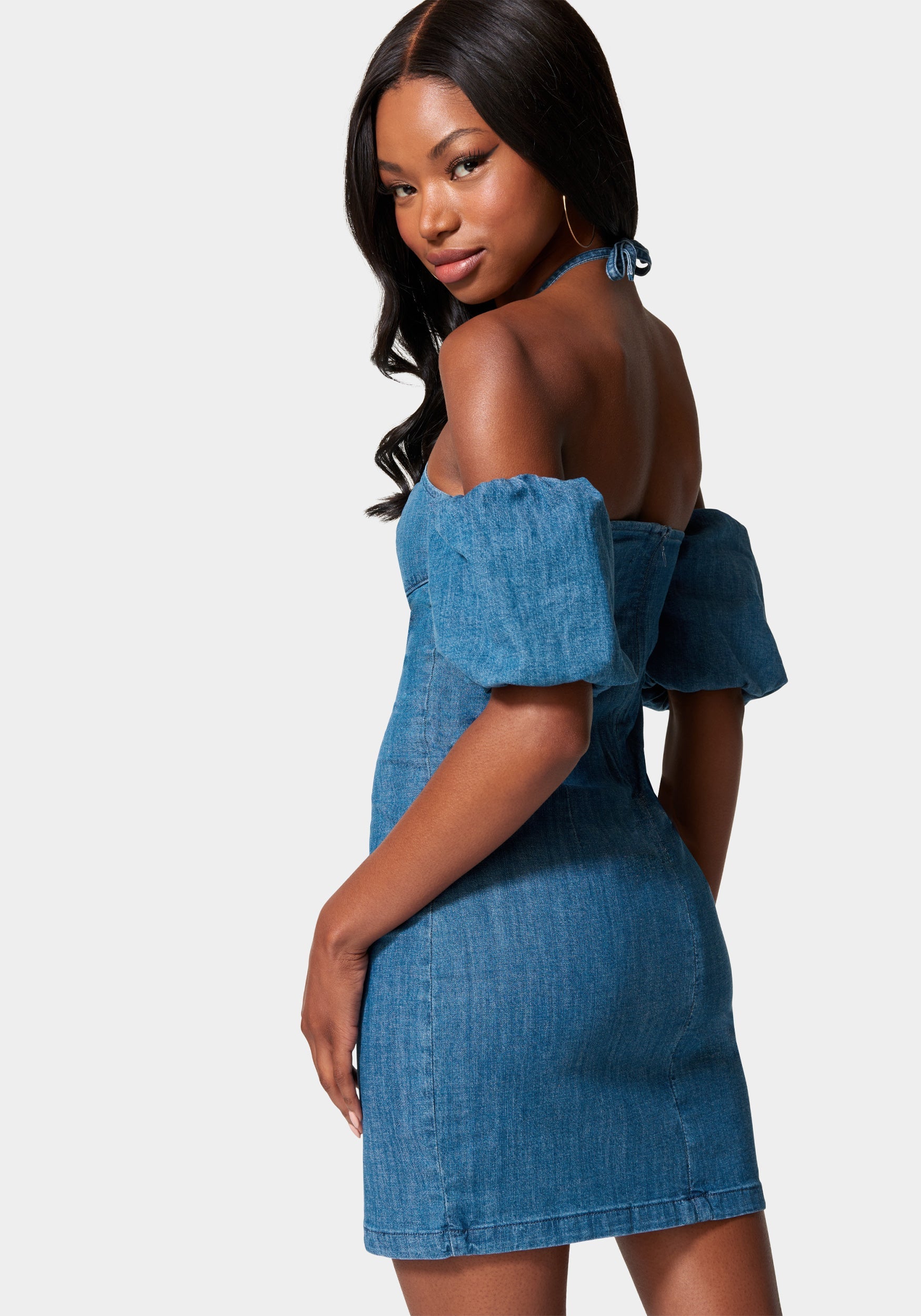 Off Shoulder Bubble Sleeve Denim Dress