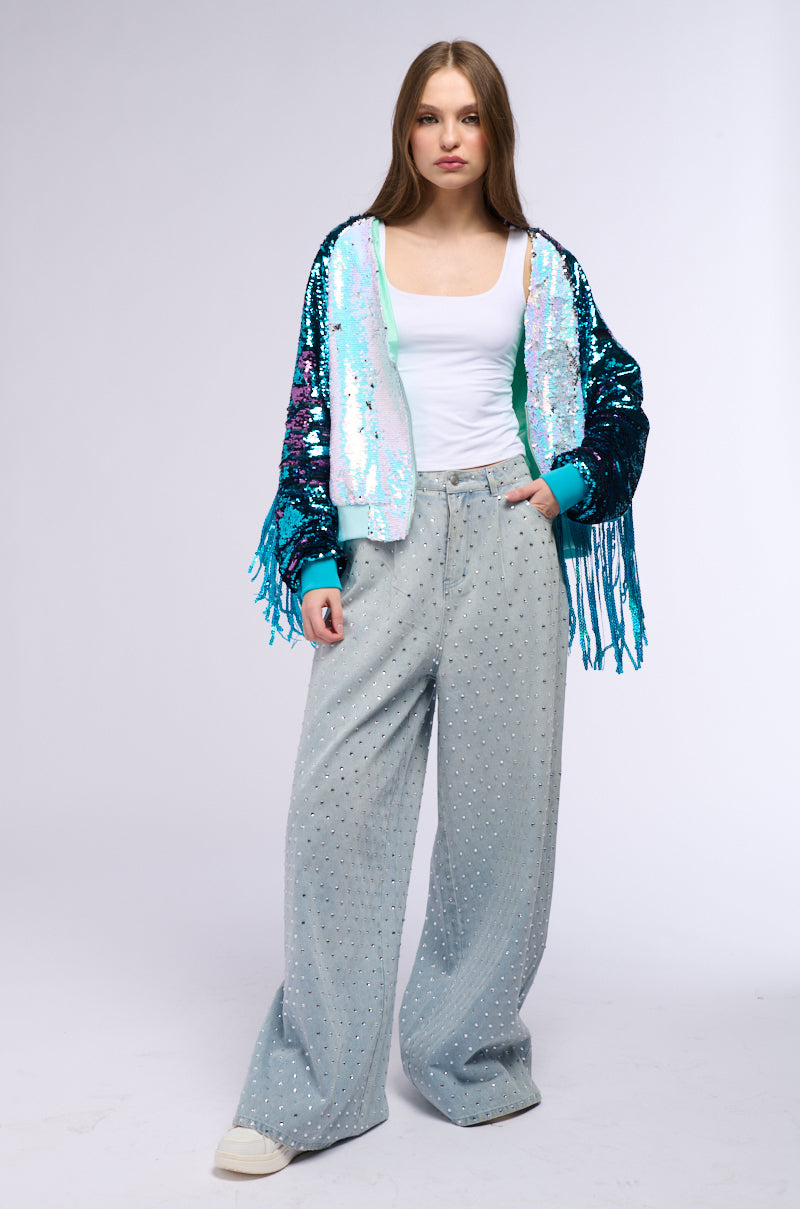 SHAKE IT SEQUIN BOMBER WITH FRINGE