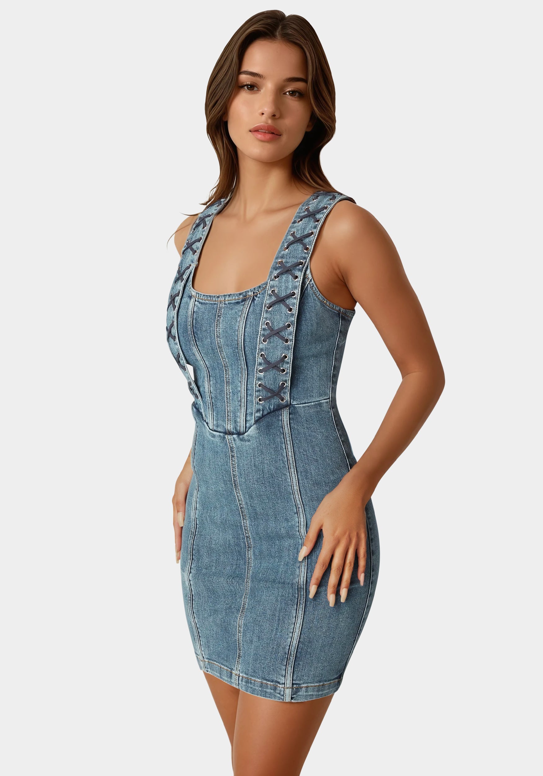 Bow Fitted Eyelet Denim Dress