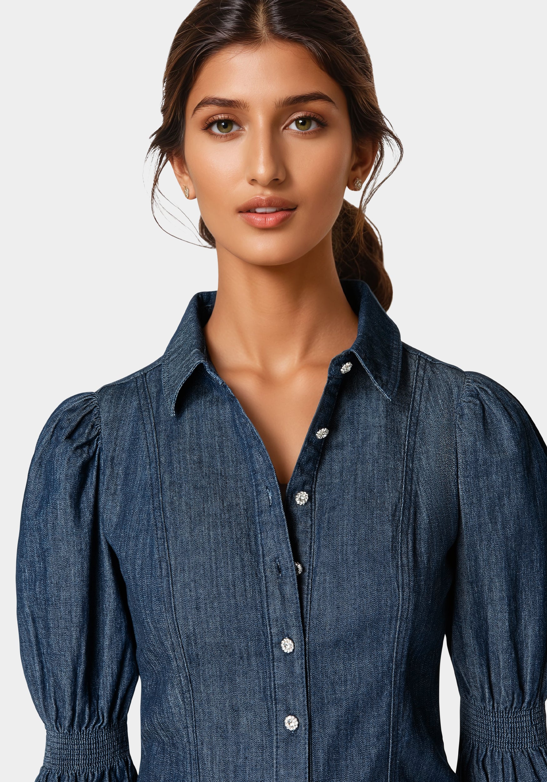 Jewel Detail Smocked Denim Blouse