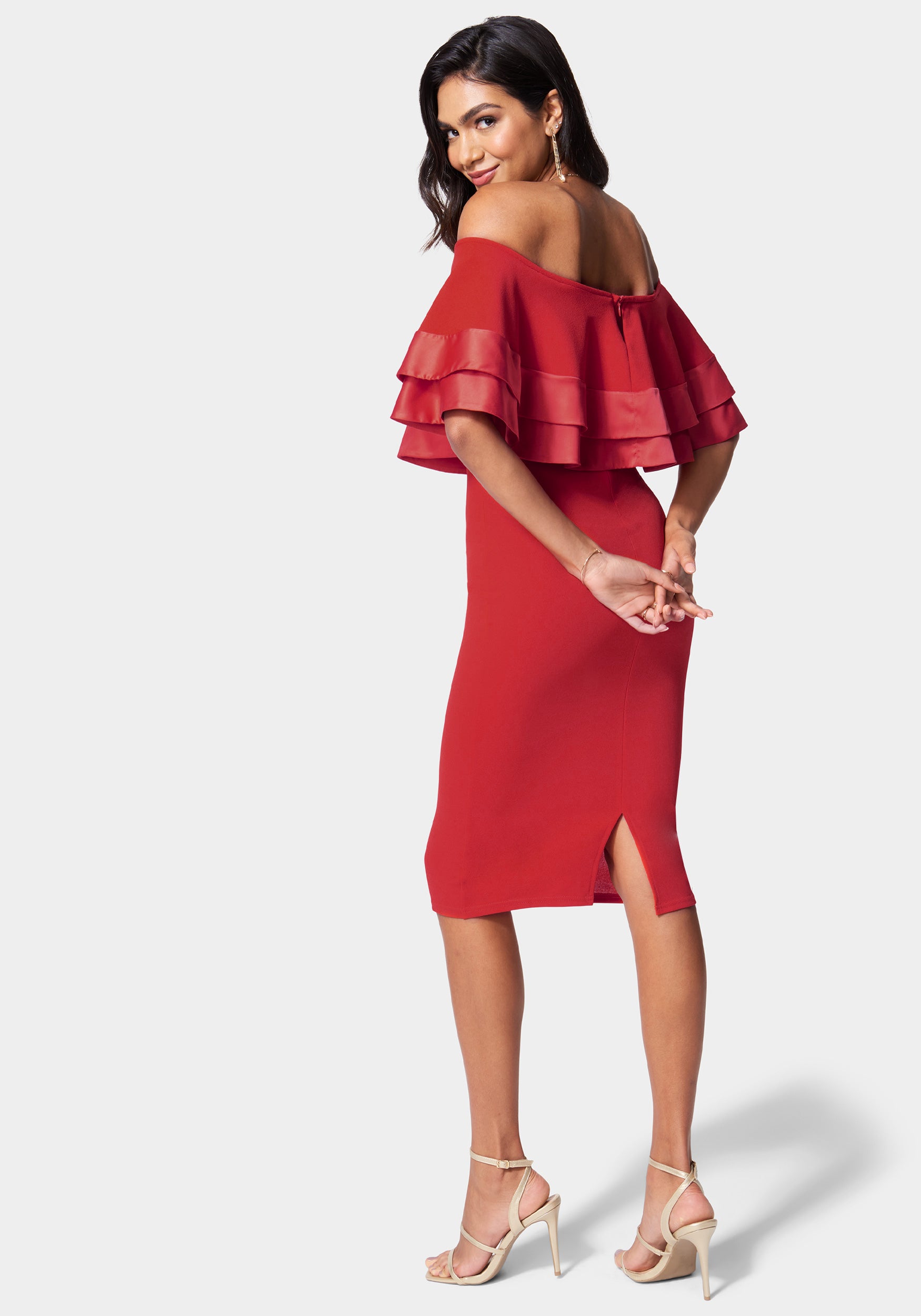 Satin Tip Off Shoulder Midi Dress