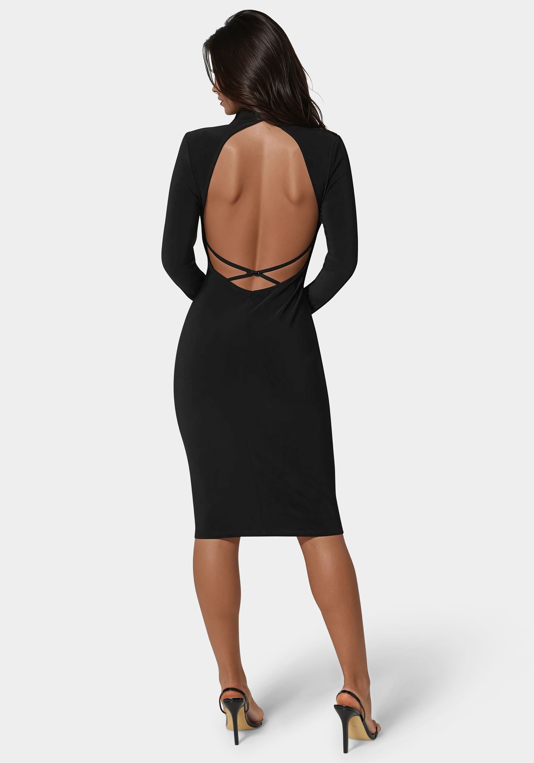 Low Back Mock Neck Long Sleeve Midi Dress