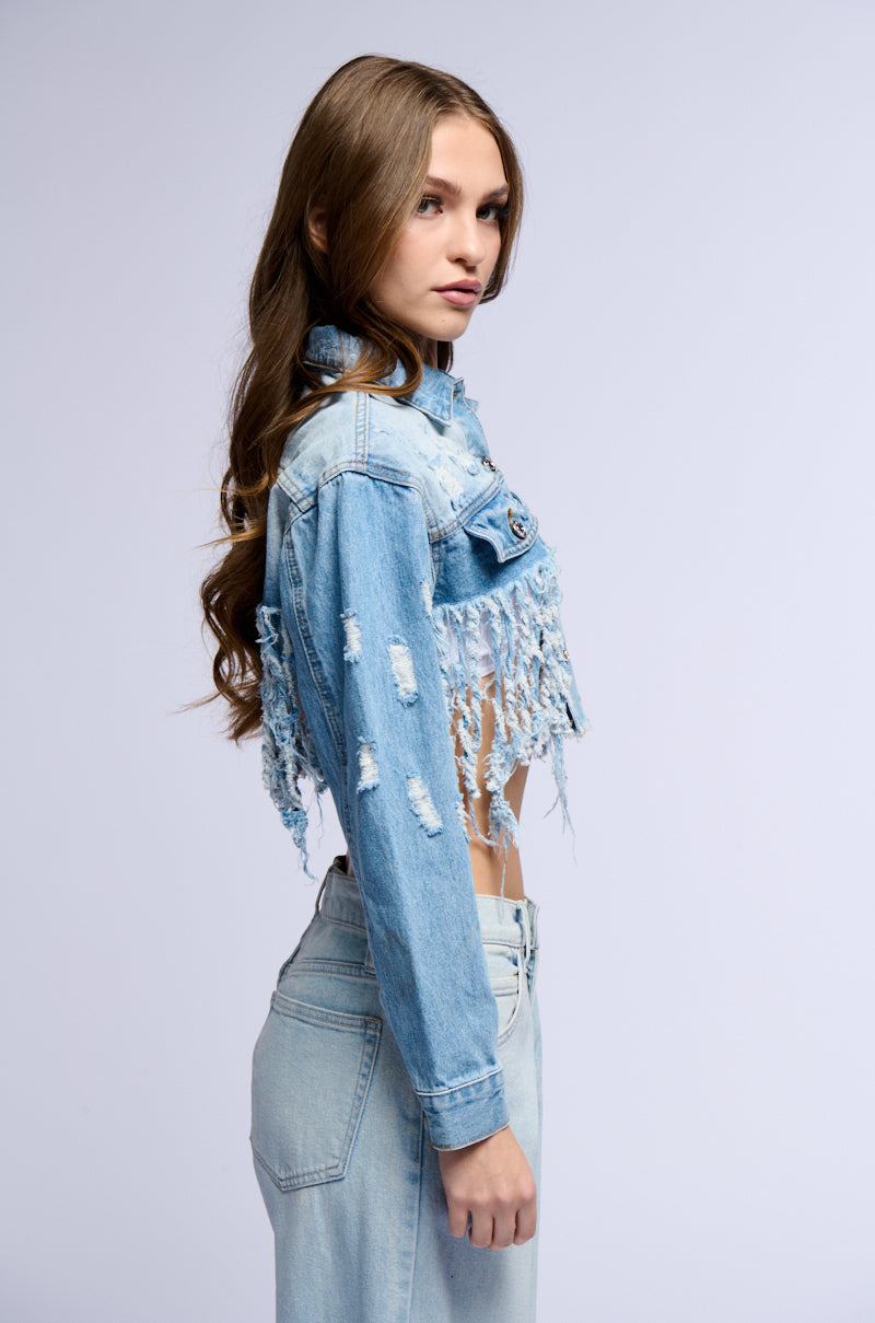 LIFE IS GOOD DISTRESSED CROP DENIM JACKET