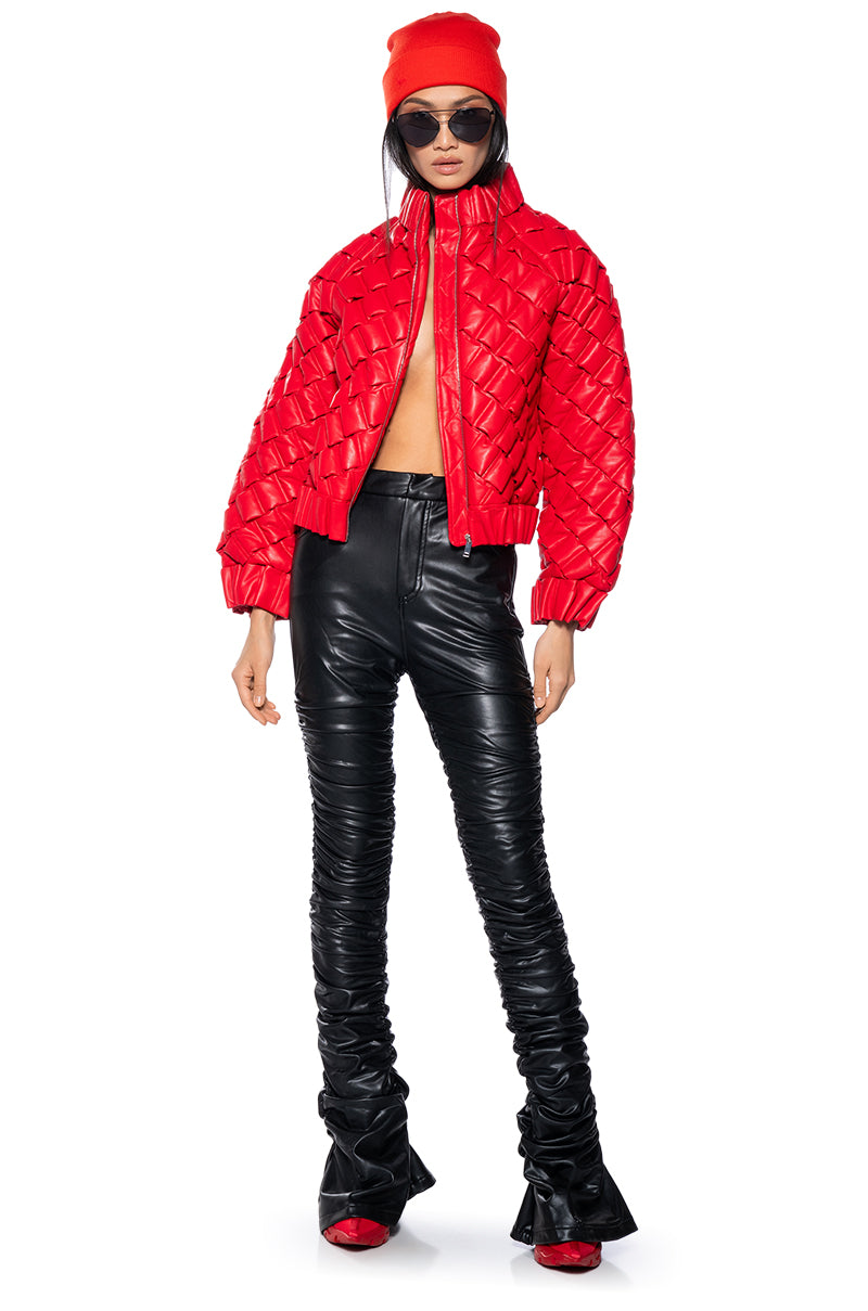 BIRTHDAY COLLECTION PU WEAVE PUFFER BOMBER IN RED