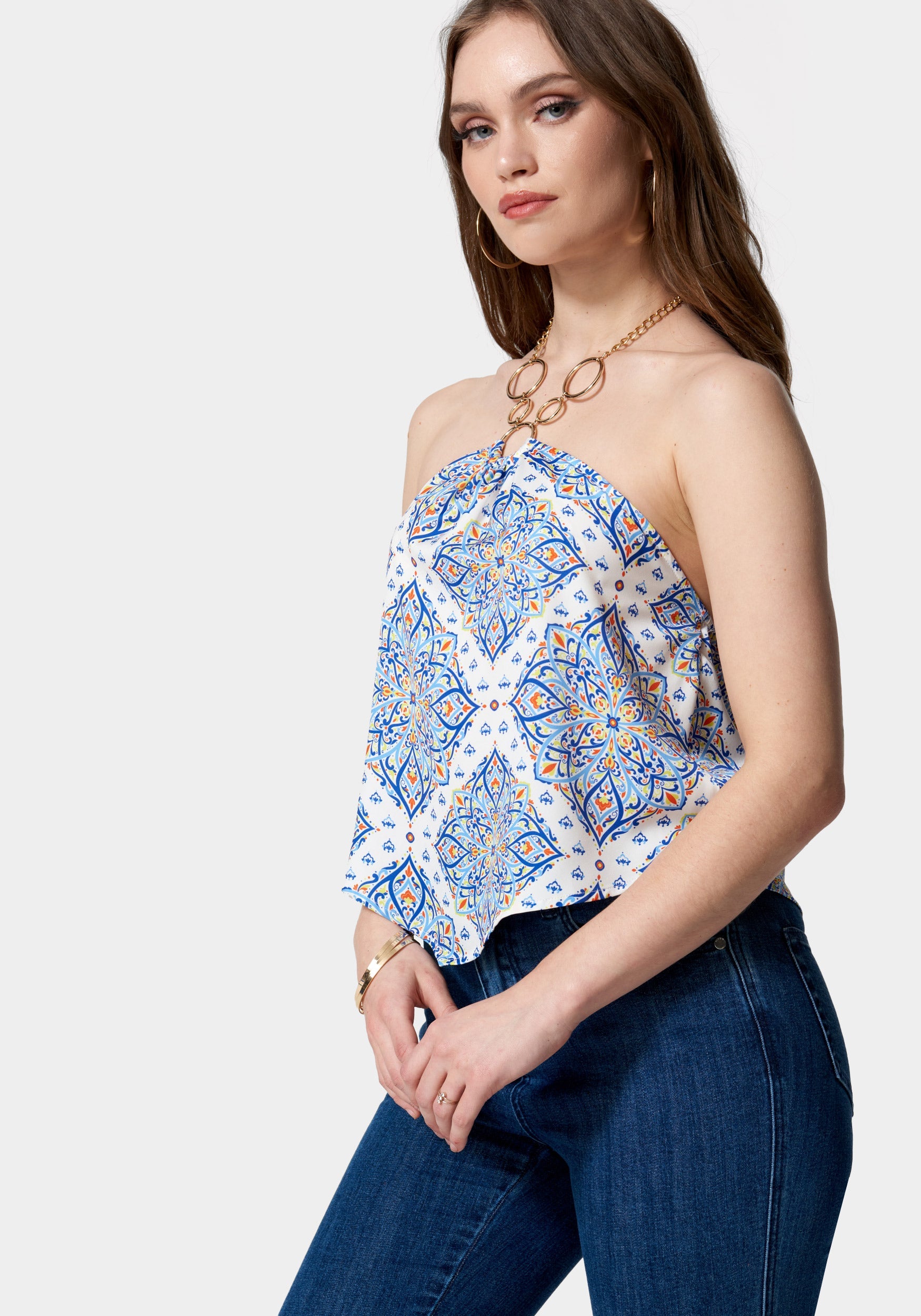 Satin Necklace Detail Printed Halter Top