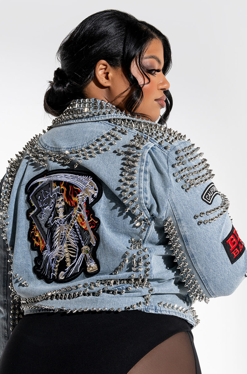 AZALEA WANG ACDC STUDDED PATCHWORK DENIM MOTO JACKET