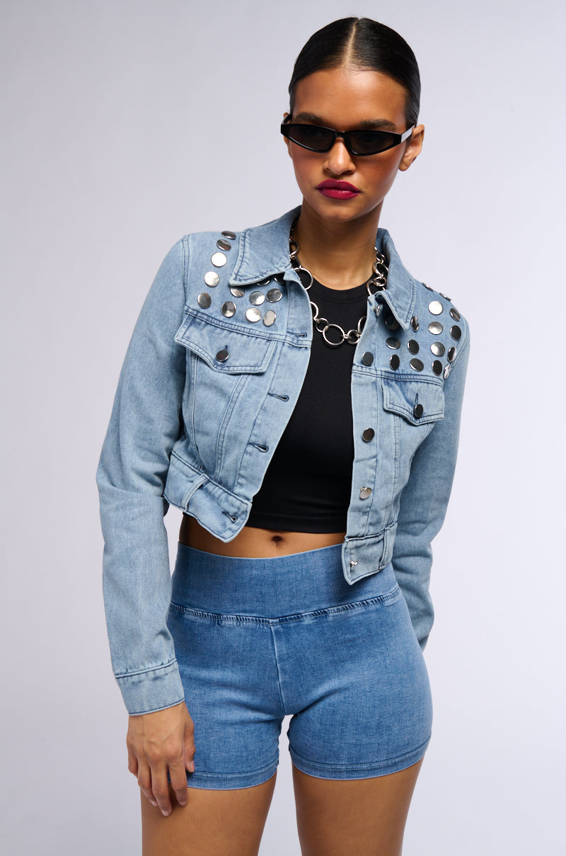 CROPPED DENIM JACKET WITH CIRCLE STUDS