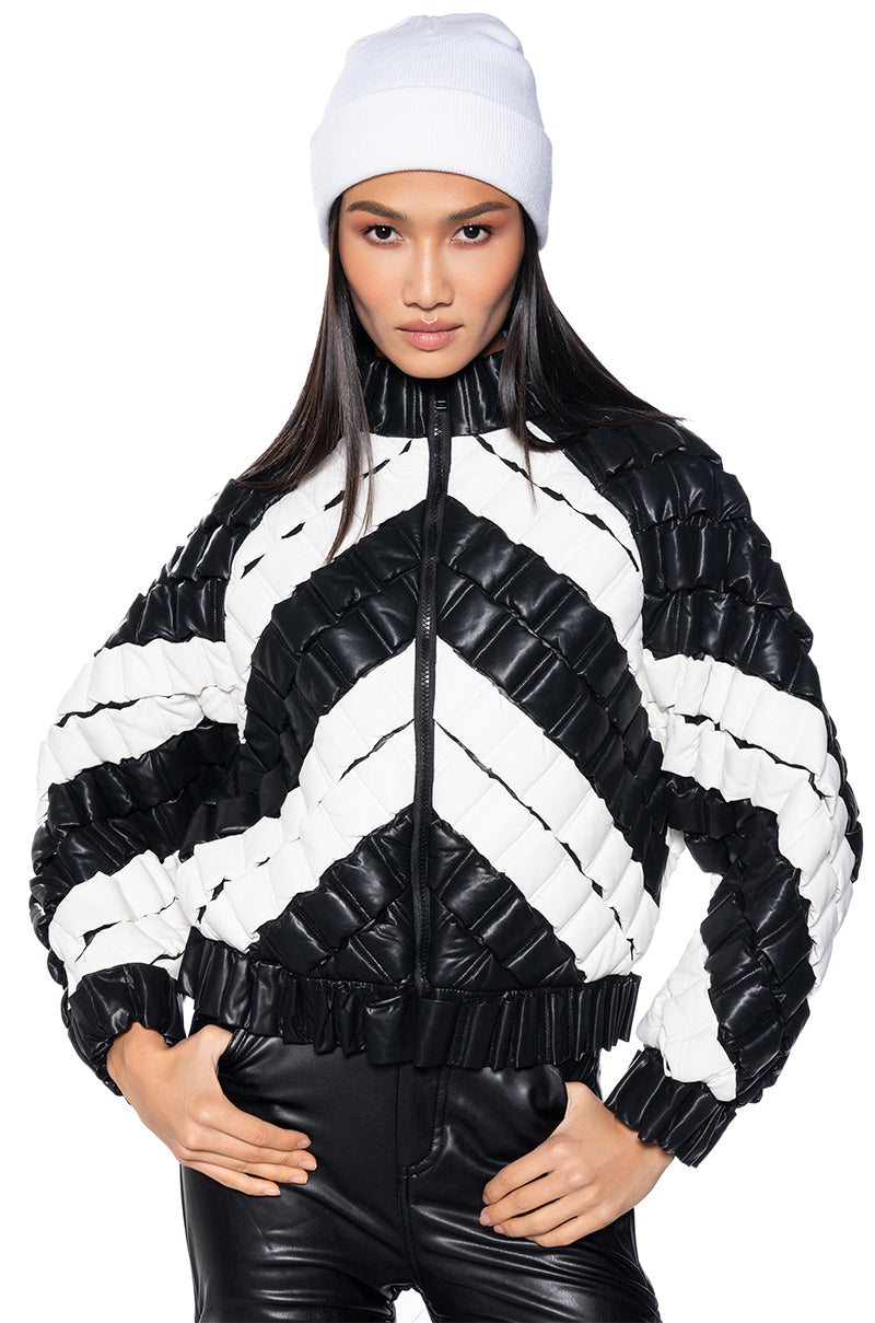 BIRTHDAY COLLECTION PU WEAVE PUFFER BOMBER