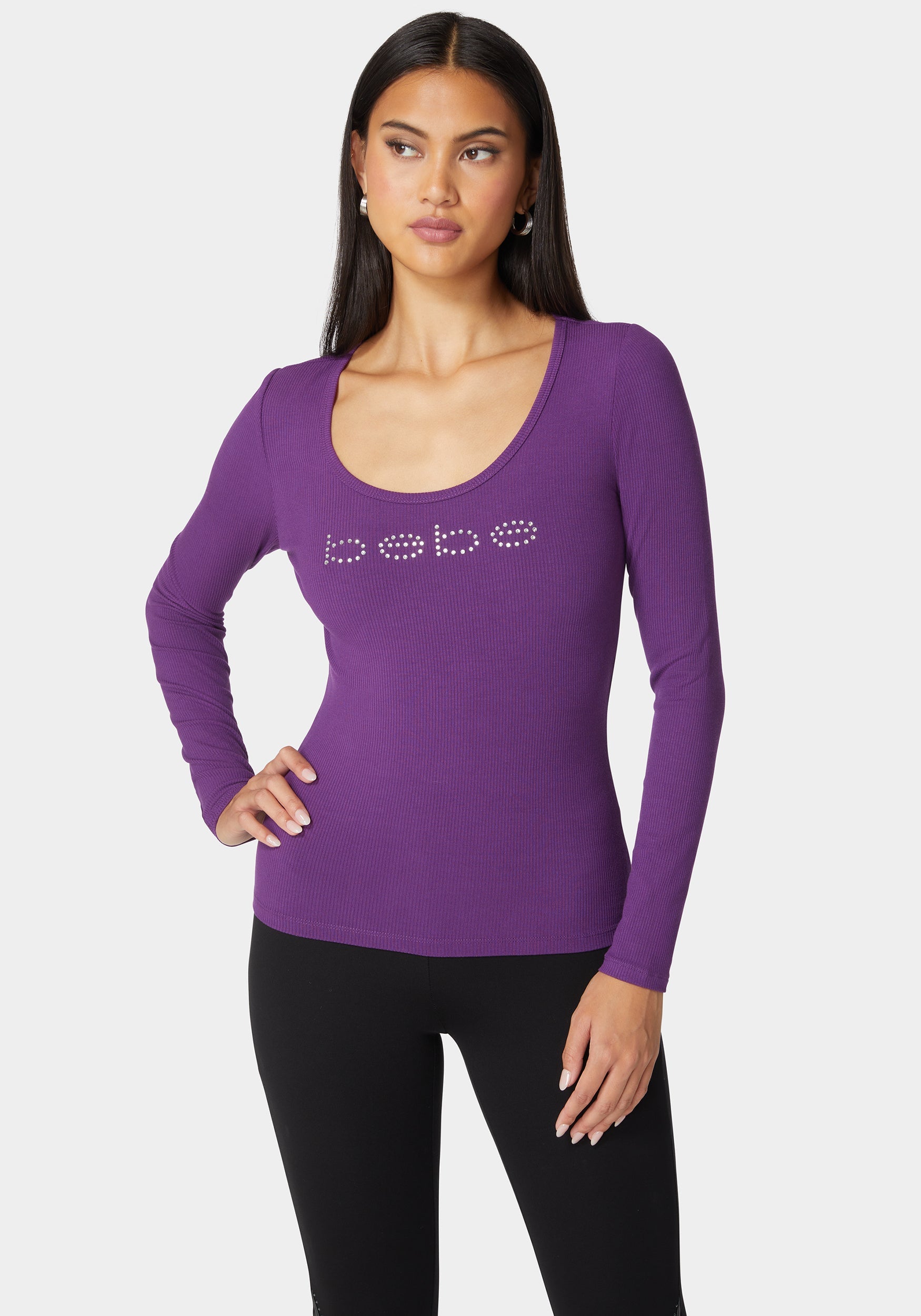 Bebe Logo Long Sleeve Scoop Neck Single Stone Rib Top