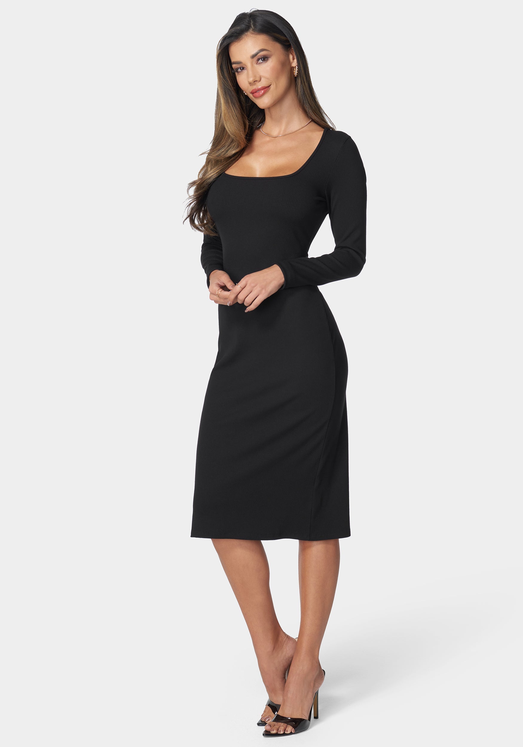 Long Sleeve Square Neck Rib Midi Dress