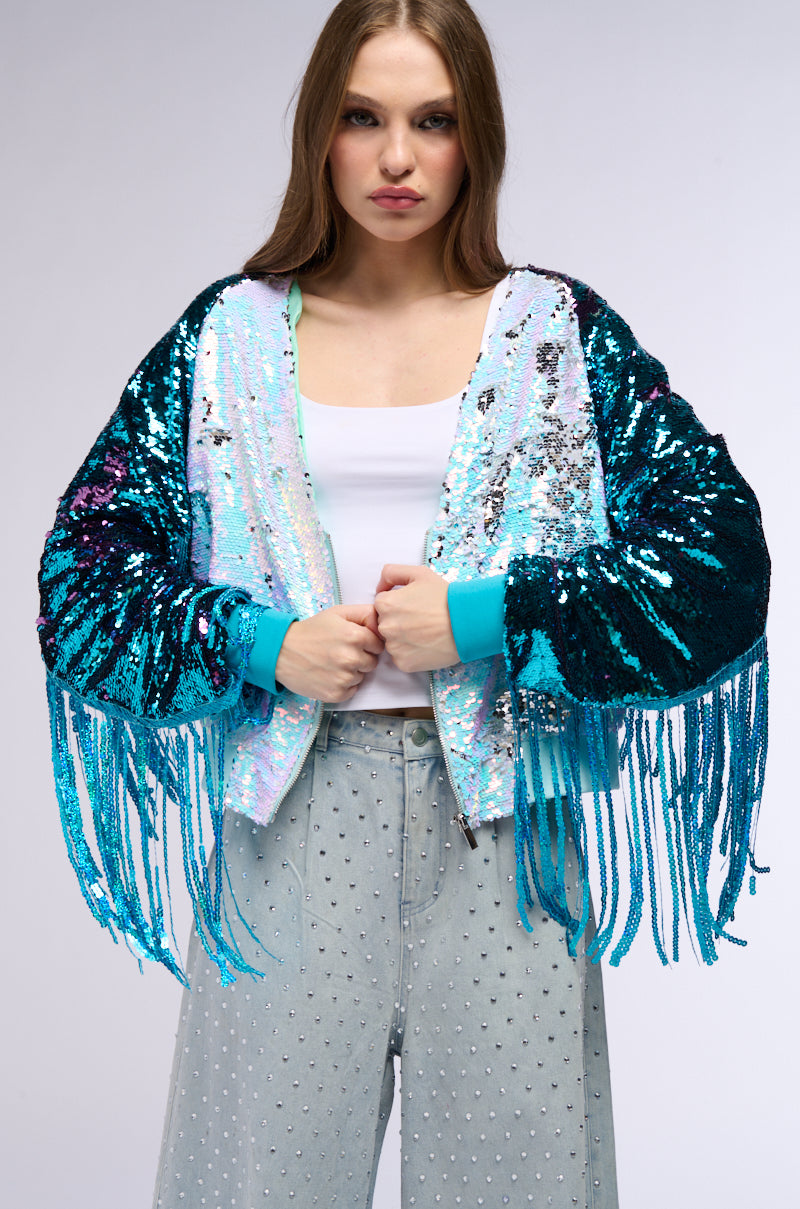 SHAKE IT SEQUIN BOMBER WITH FRINGE