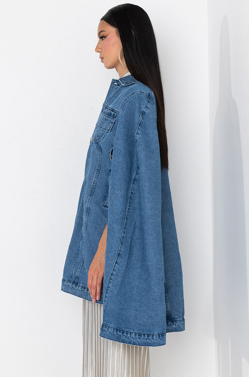 DON'T TALK LOUD DENIM TRENCH PONCHO