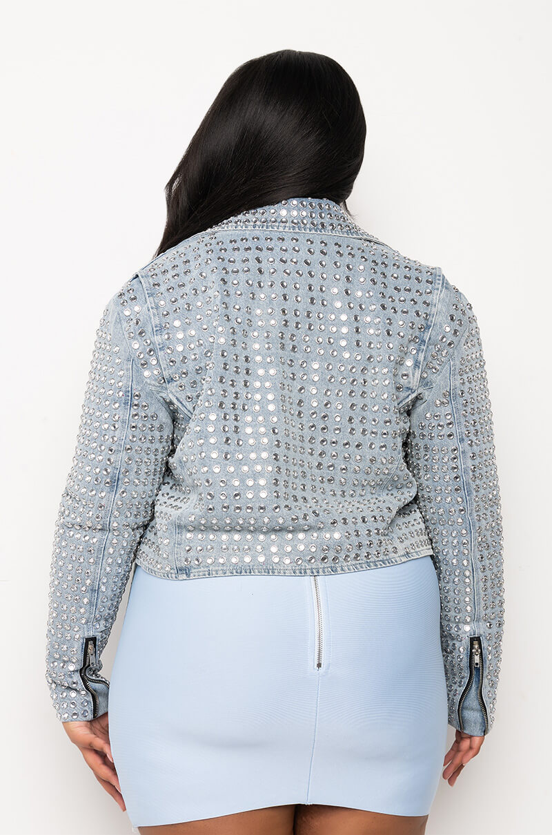 PLUS AZALEA WANG GAZETTE 3000 STUDS MOTO JACKET IN DENIM