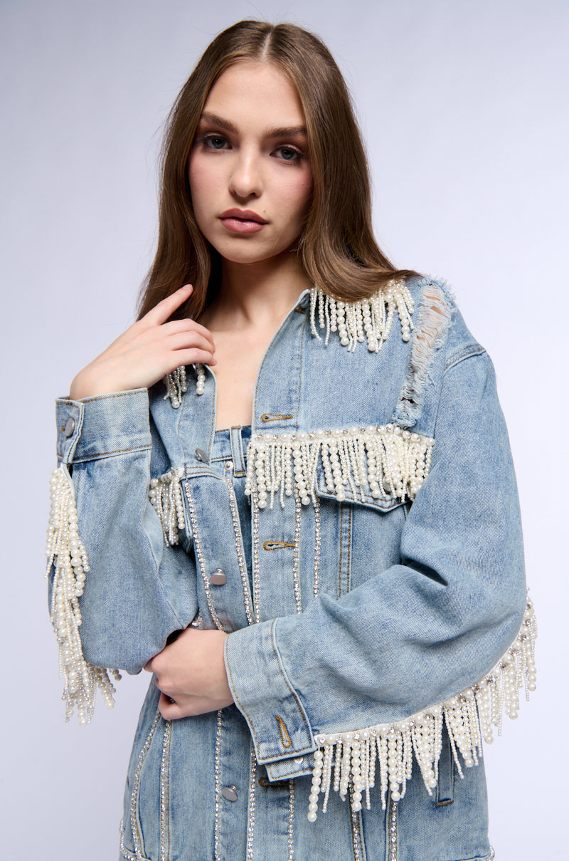 SHOW STOPPER PEARL EMBELLISHED DENIM JACKET