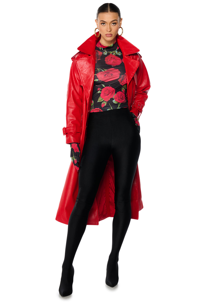 AU REVOIR FAUX LEATHER TRENCH IN RED