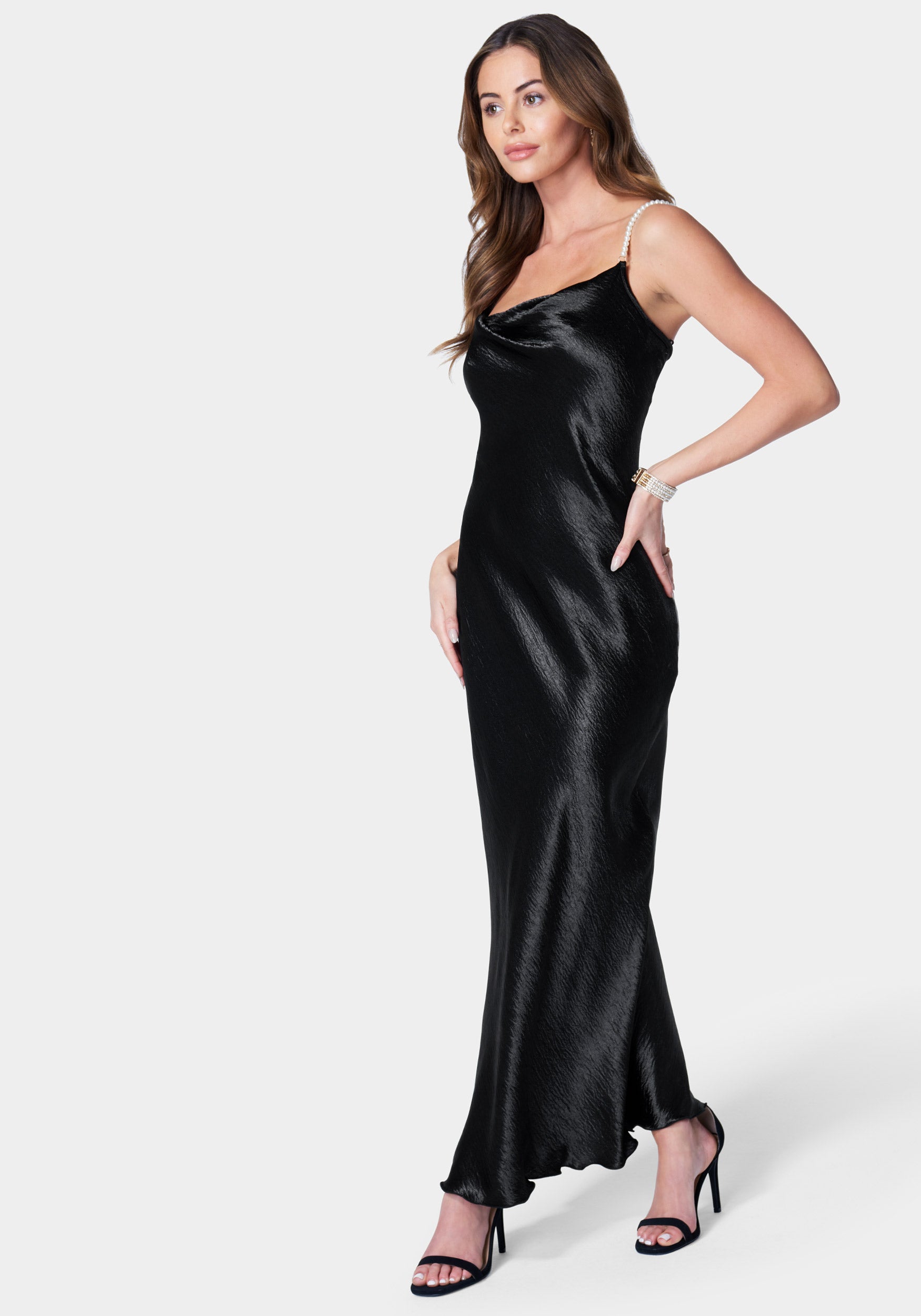 Hammered Satin Cowl Neck Pearl Strap Maxi Dress