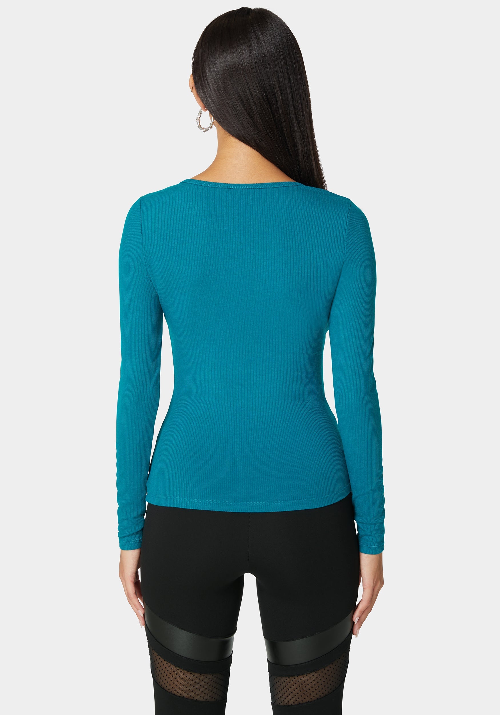 Bebe Logo Long Sleeve Scoop Neck Single Stone Rib Top