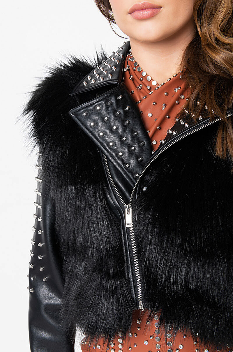 EMMS STUDDED FAUX FUR JACKET