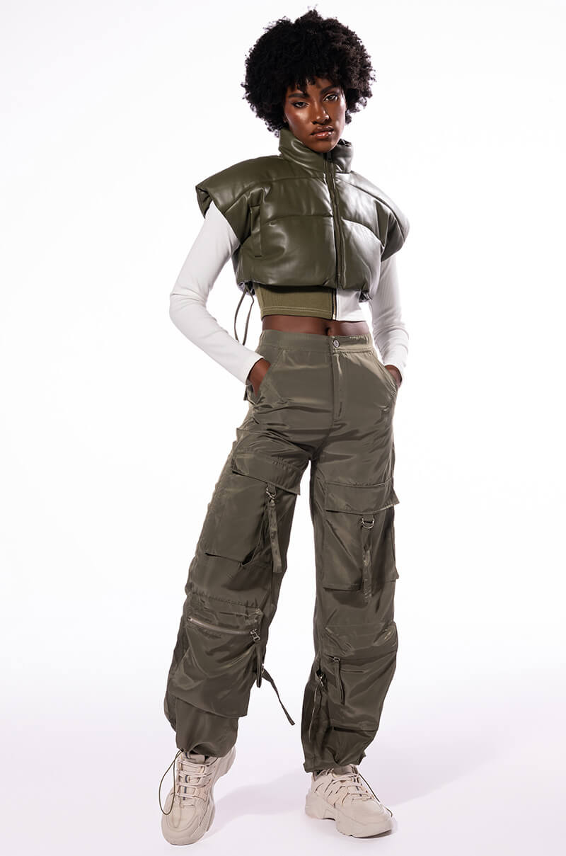 ULTRA CROP PU VEST WITH PULL STRINGS IN OLIVE