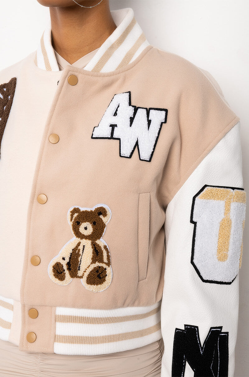 AZALEA WANG BEIGE RUELA VARSITY JACKET