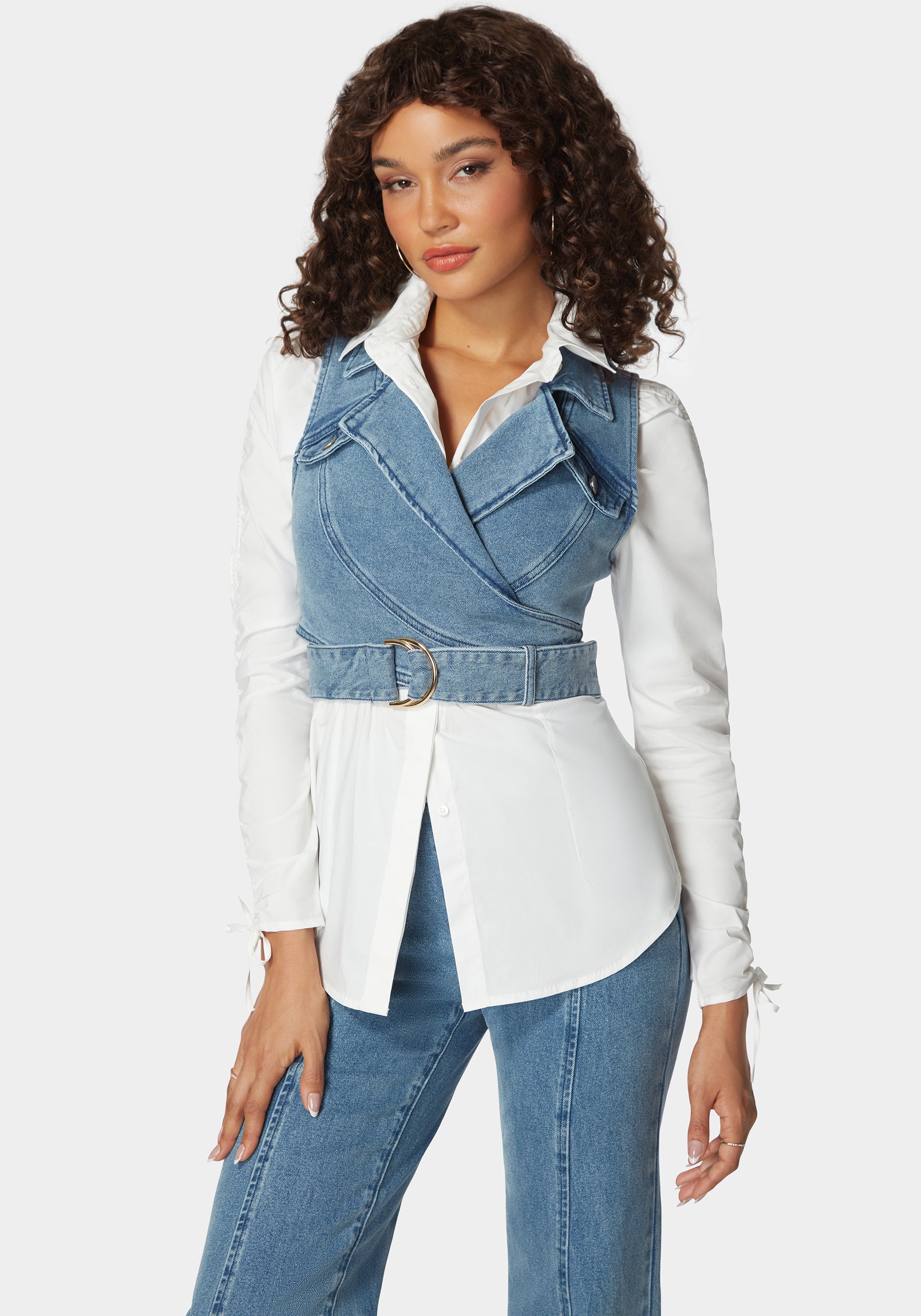 D Ring Belt Denim Wrap Top