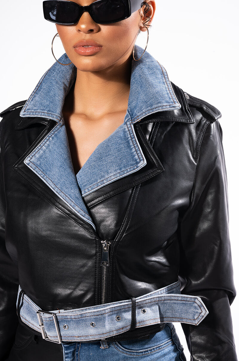 DOUBLE TROUBLE DENIM MOTO JACKET