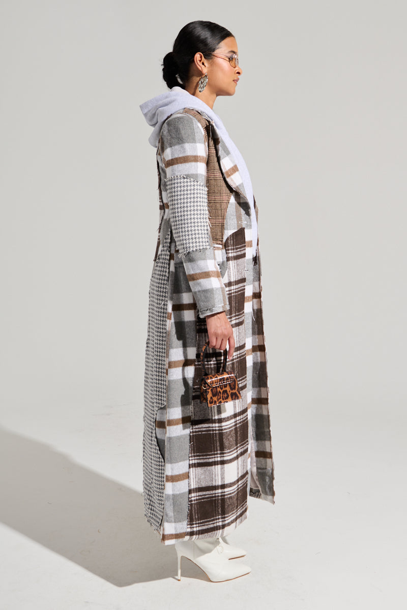 MIXED PLAID NOT FEELINGS PATCHWORK TRENCH