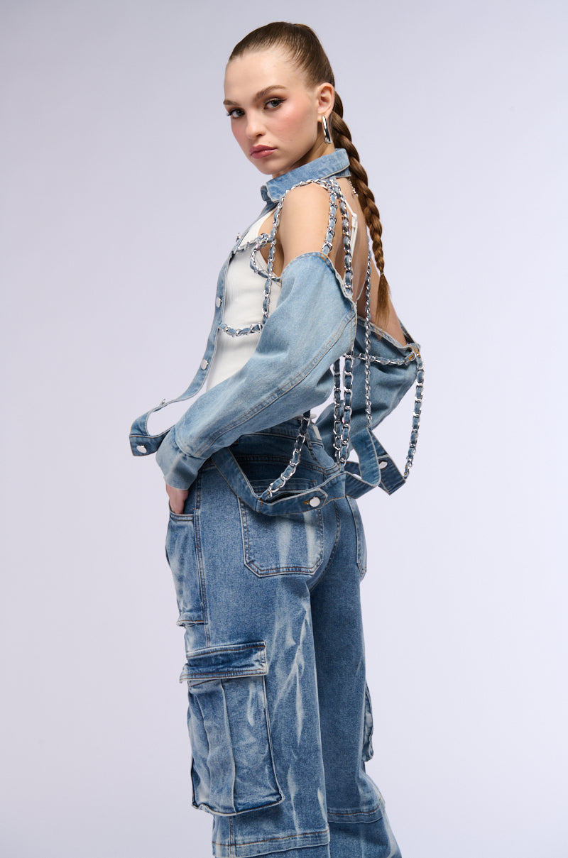 CAGED DENIM AND EXPOSED BODICE JACKET