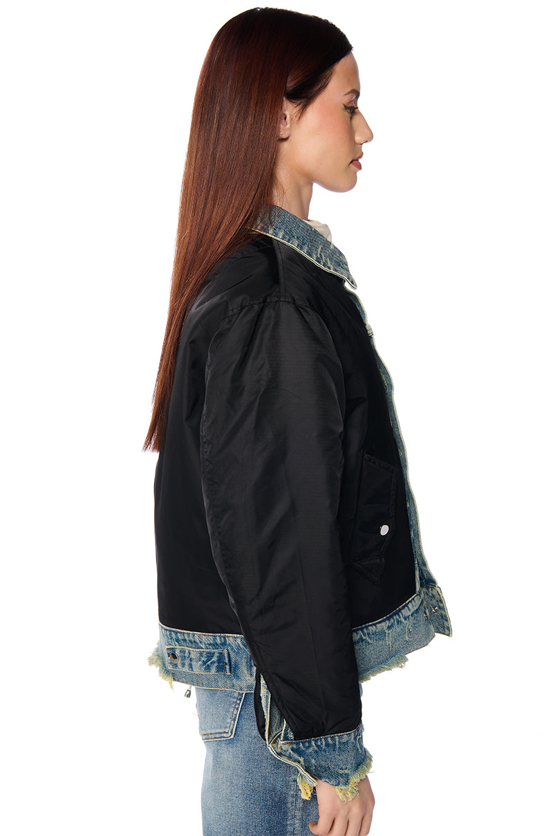 WORTH THE WAIT REVERSIBLE DENIM BOMBER JACKET