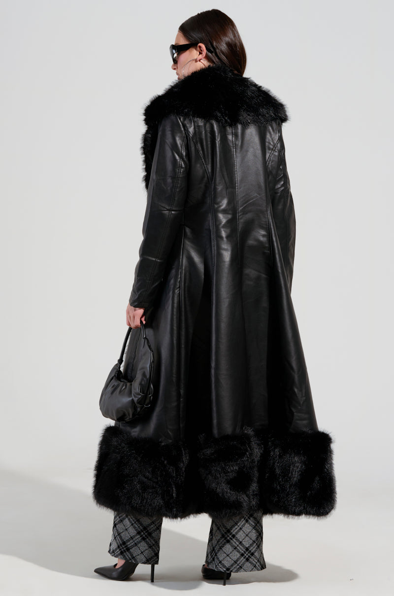 VIVAN LONG PU TRENCH WITH FAUX FUR TRIM