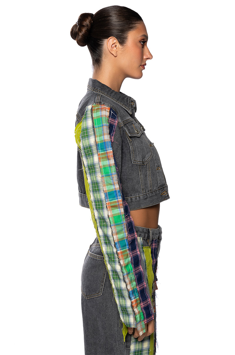 SOMETHIN NEW PLAID DETAIL DENIM JACKET