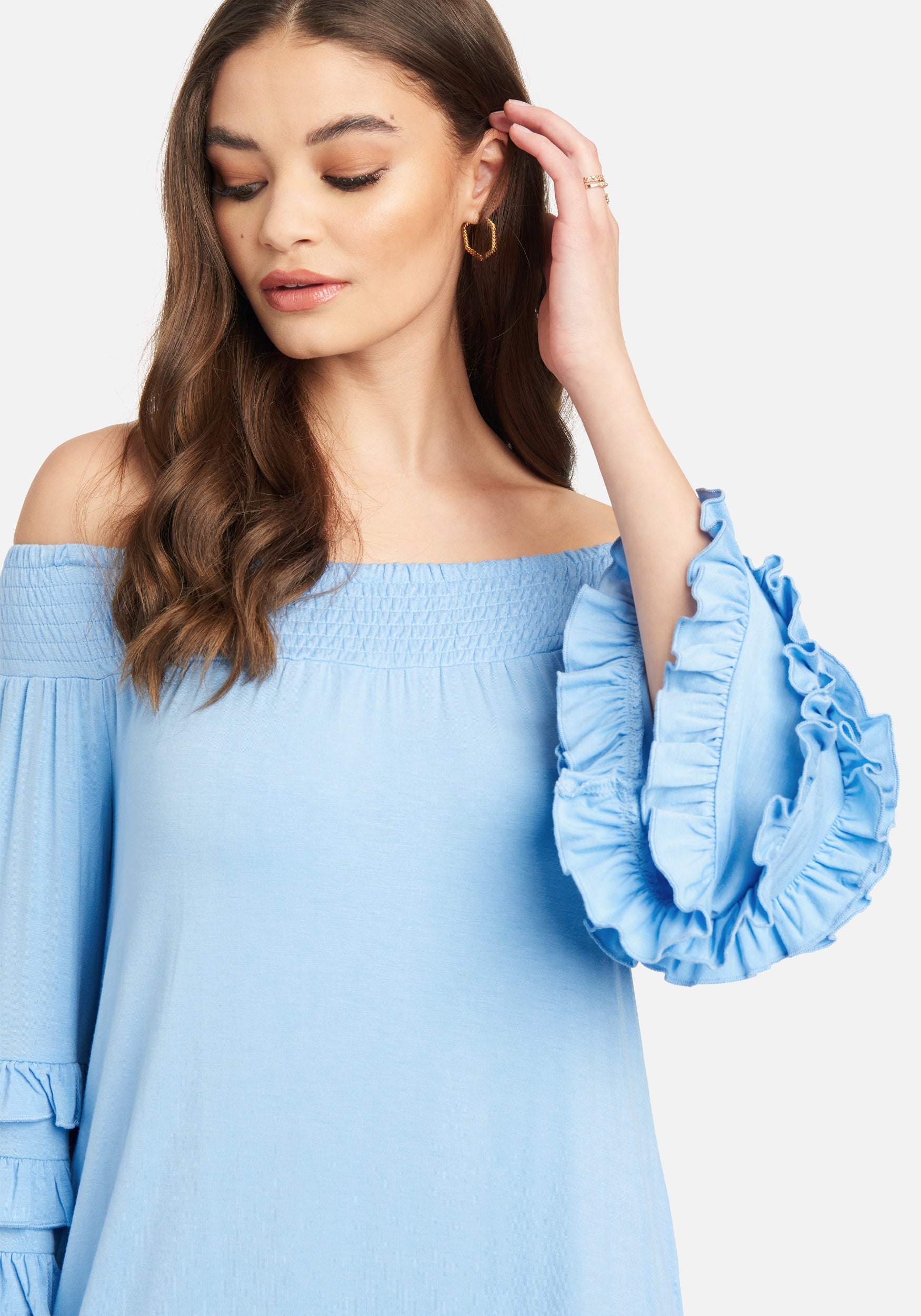 Off Shoulder Ruffle Smock Dress