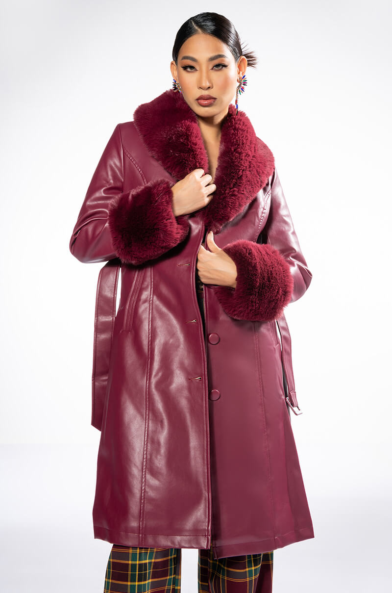 AZALEA WANG MARBOLO PU TRENCH WITH FAUX FUR TRIM