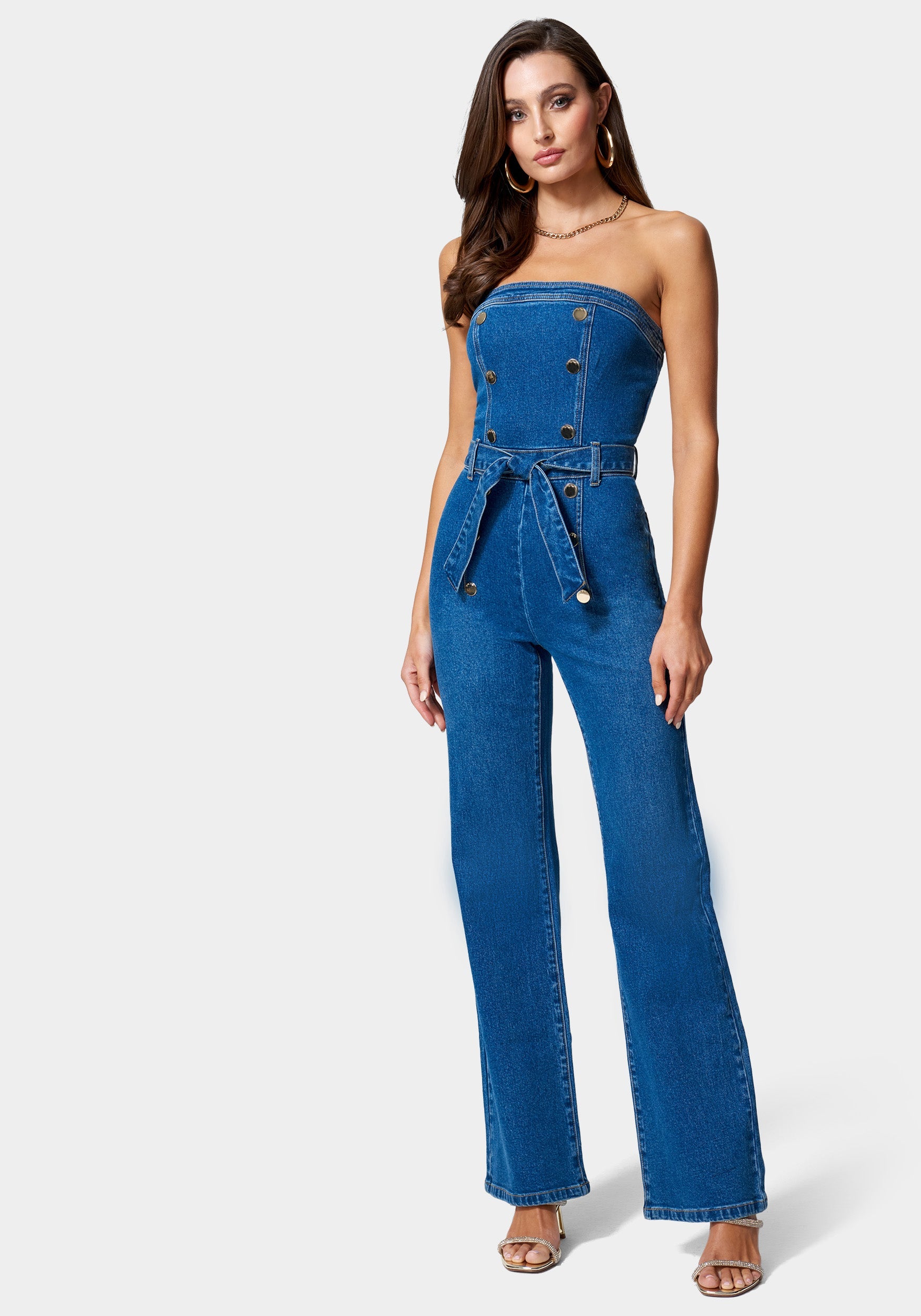 Strapless Button Detail Belted Wide Leg Denim Jumpsuit