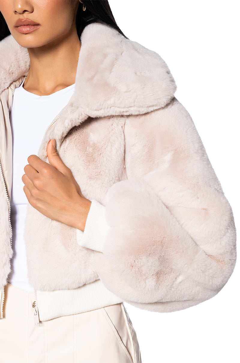 DREW FAUX FUR BOMBER WITH RIB TRIM