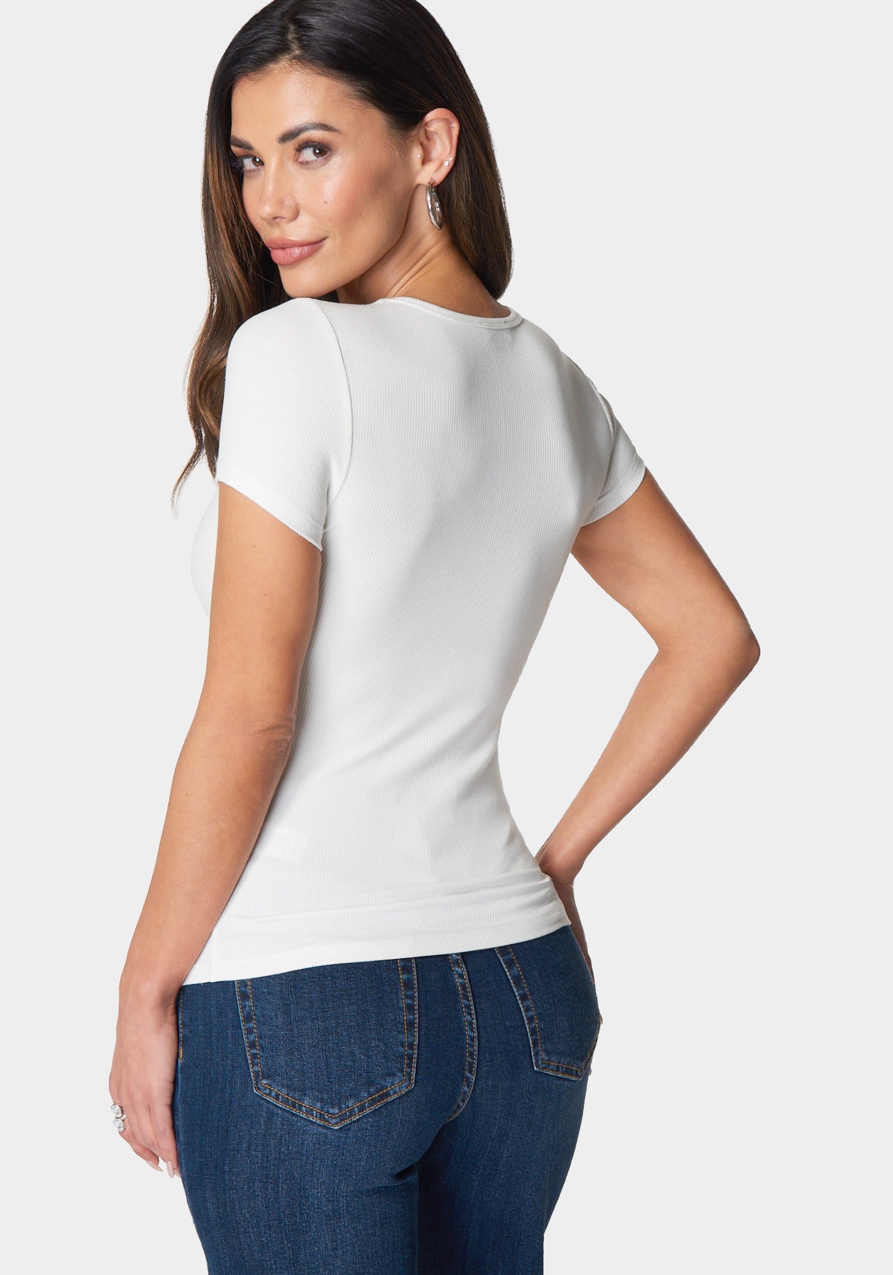 Bebe Logo Short Sleeve Round Neck Rib Top