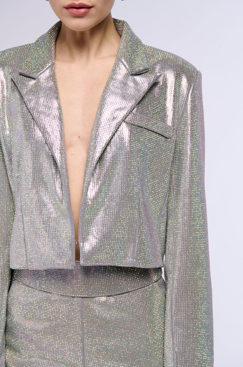 POP STAR HOT FIX RHINESTONE CROPPED BLAZER IN SILVER