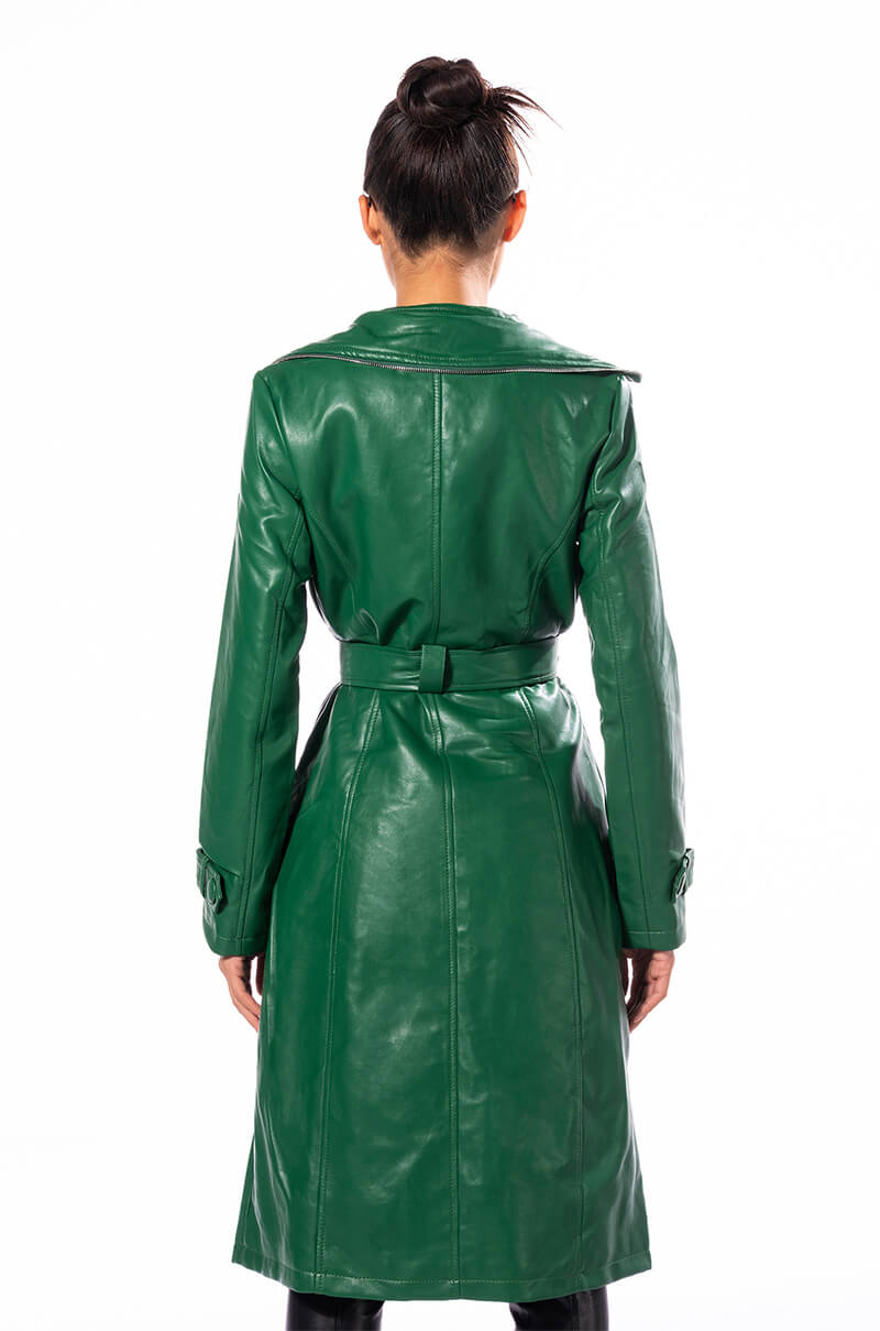 SANDO GREEN PLEATHER TRENCH COAT WITH ZIPPER TRIM