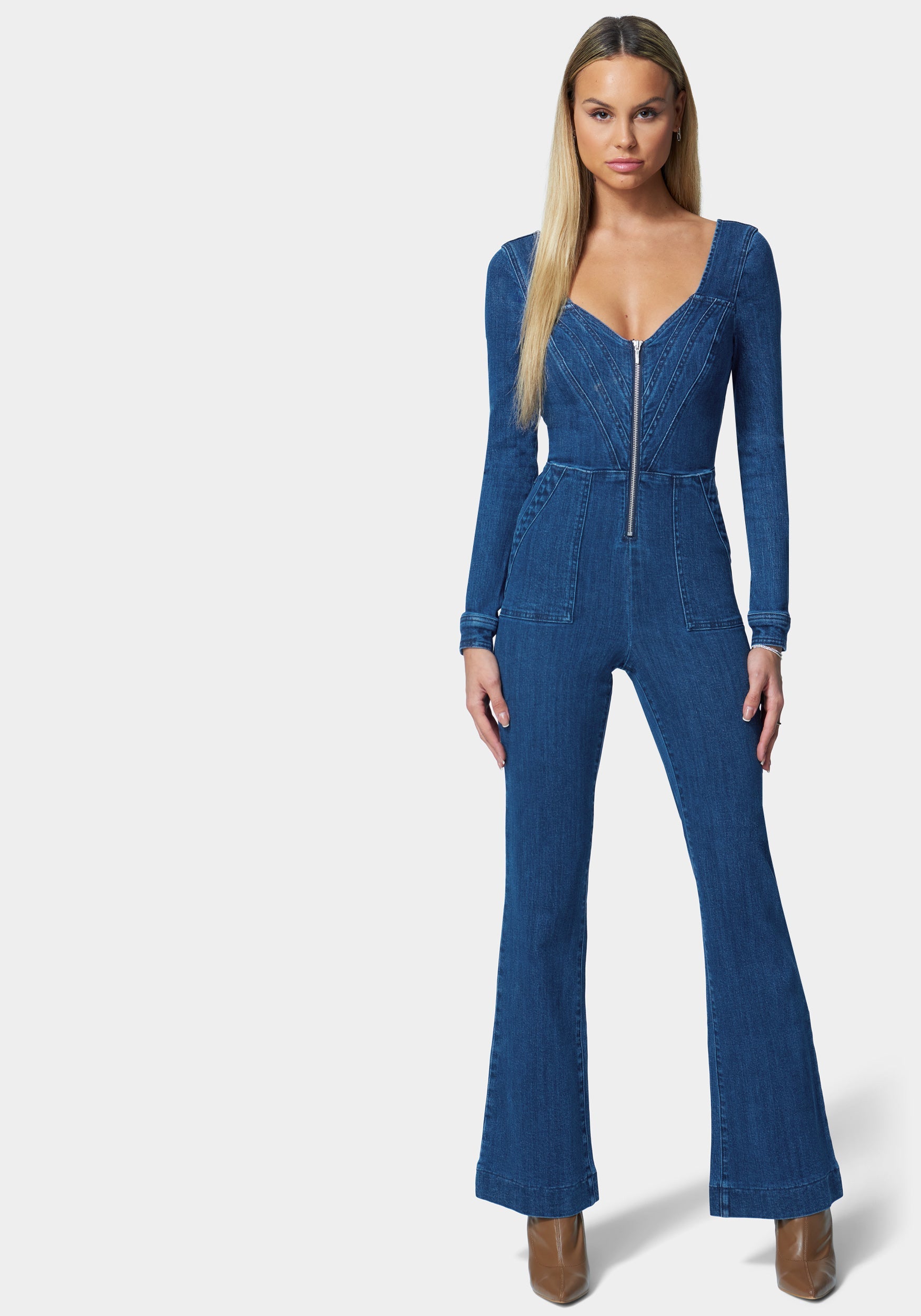 Multistitch Wide Leg Denim Jumpsuit